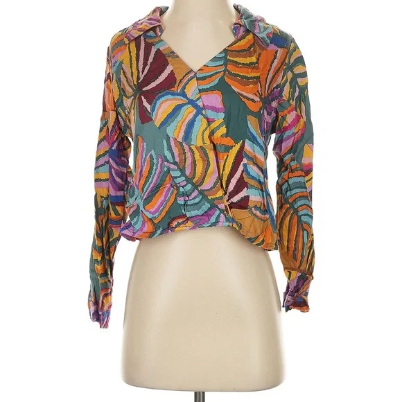 Haute Hippie Large Multicolor Floral Faux Wrap Long Sleeve Blouse Boho 70s - Picture 1 of 8